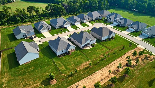 An aerial view of a planned community with rows of houses, lush green lawns, paved roads, and surrounding trees