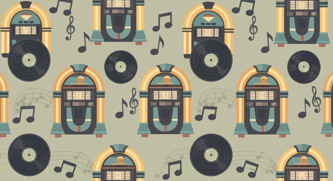 Seamless retro jukebox and vinyl record pattern with musical notes.