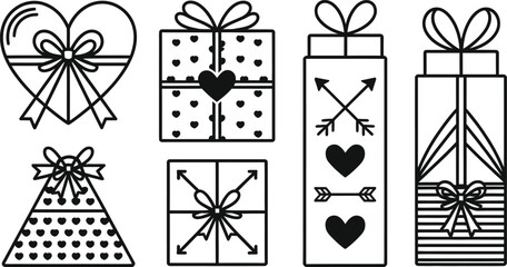 Line Art Valentine Gift Box Icon Set vector illustration