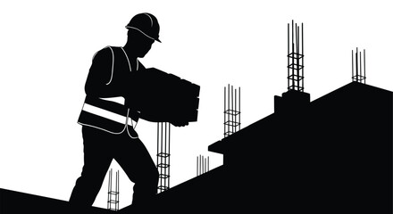 A construction worker carries bricks on a rooftop at a building site presented as a striking silhouette high quality © ArtBySalea07