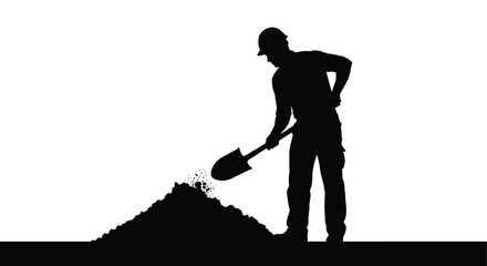 A stark black silhouette depicts a worker digging with a shovel creating a mound of earth a powerful silhouette © ArtBySalea07