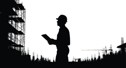A construction worker reviews plans against a backdrop of scaffolding and a building under construction a striking silhouette © ArtBySalea07