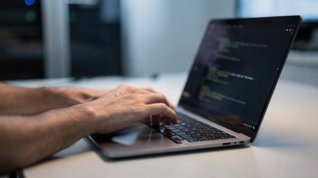 Medium shot of hands typing code on a laptop with blurred background illustrating script automation for full software setup backup and restore process.