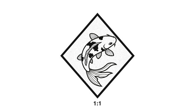 Koi fish symbol in diamond frame, Japanese art, black and white vector illustration