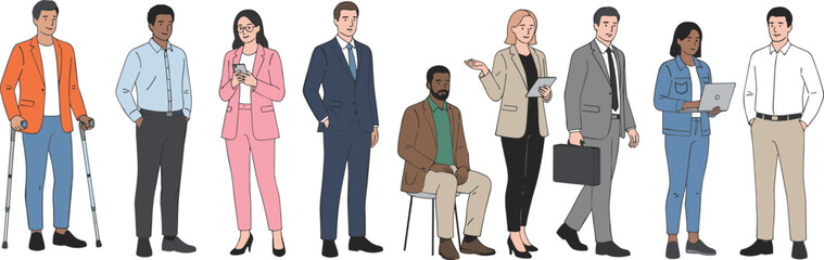Fototapeta premium Professional business character collection featuring a diverse corporate team including people in wheelchairs or using crutches for workplace inclusion and equality concepts.