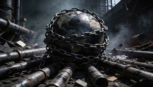 Caged Earth: The earth, encircled and constrained by chains, becomes a poignant symbol of the planet's fragility, raising concerns about environmental challenges and global sustainability.