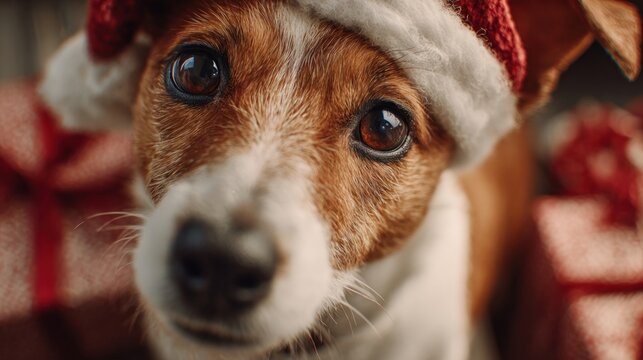 A close-up of a pet dog wearing a Santa hat and playing with holiday decorations,