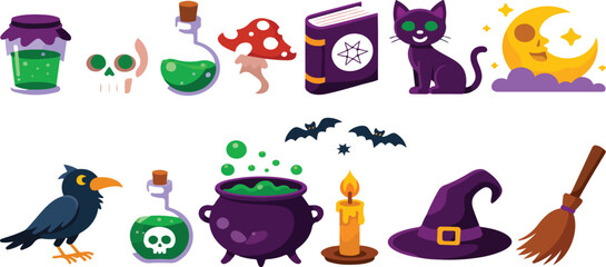 Witchcraft magic items cartoon sticker set with witch hat black cat crow cauldron potion bottles and Halloween-themed vector illustrations © Mdmokbul