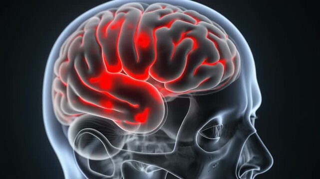 3D rendering of a human head with an X-ray view, revealing a glowing red brain indicating neural activity or a medical condition.