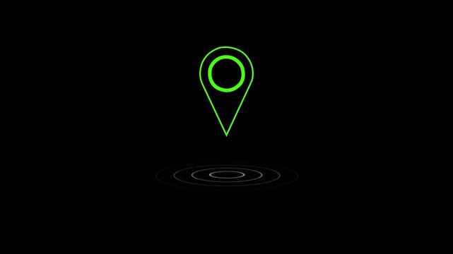 Location icon isolated on black background with radio weave. World or Earth sign. 4K Video motion graphic animation