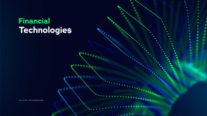 Obraz premium Financial Technology Abstract Data Stack With Glowing Blue And Green Dots On Dark Background For Digital Banking, Blockchain And Innovation. Financial Technologies Concept. Vector Illustration.