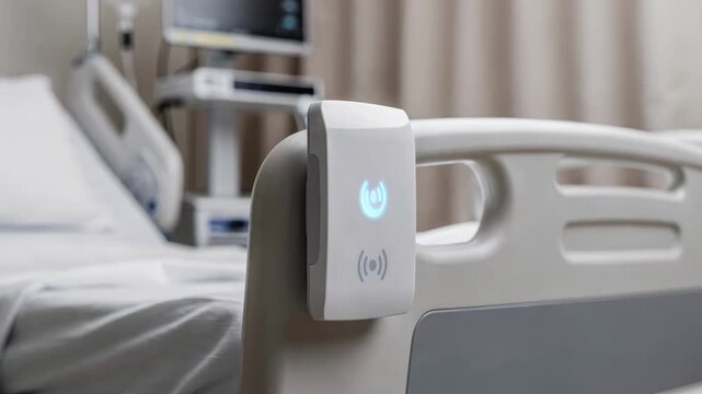 Focused medium shot of wireless bedmounted nurse call button on patient bed with outoffocus medical equipment behind.