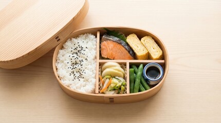 Traditional japanese bento with salmon, tamagoyaki, rice, green beans, and pickled vegetables in wooden box