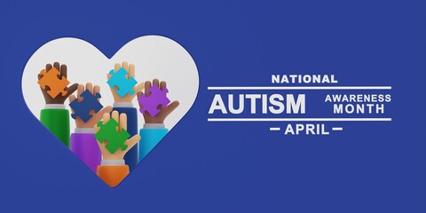 Autism Awareness Month is in April. Various hands holding multicolored puzzle pieces inside a heart on a blue background. The concept is for people to embrace autism and inclusive neurodiversity.

