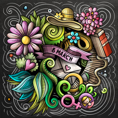 Obraz premium Happy Womens Day hand drawn cartoon doodles illustration. Spring Holiday funny objects and elements design. Creative colorful vector background.