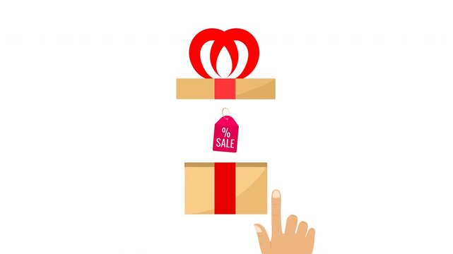 Hand Animation Opening Package Box with Sale Tag Coming Out Shopping Promotion Motion Graphic, 4K Video