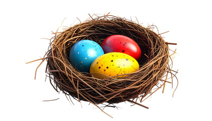 Obraz premium A bird's nest contains three decorated eggs in blue, red, and yellow, on a black background