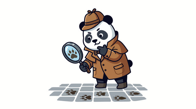 Adorable panda detective in a trench coat and fedora hat, diligently examining paw prints with a magnifying glass, embarking on a playful investigative adventure