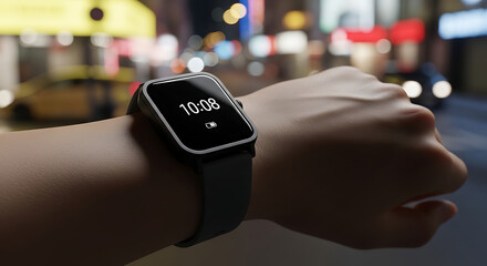 Fototapeta premium Sleek smart device worn on a wrist, displaying the time against the vibrant, blurred lights of a bustling city street at night, capturing urban connectivity and modern lifestyle