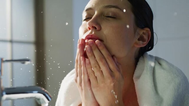 Woman Washing Face in Bathroom Sink with Running Water.