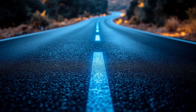ブルーアワーの道路（センターラインとカーブするルート）