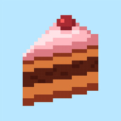 Pixel art icon of a cake in 8 bit style. Sweet dessert illustration symbolizing breakfest, confectionery, snack, and indulgence. Perfect for games, apps, menus, packaging, and digital design projects.