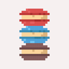 Pixel art icon of a macarons in 8 bit style. Sweet dessert illustration symbolizing breakfest, confectionery, snack, and indulgence. Perfect for games, apps, menus, packaging and digital design 