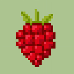 A pixelated illustration of raspberry in a 8 bit style. Vector illustration. Healthy organic fruit symbolizes vitamins, antioxidants, summer harvest and natural nutrition. 