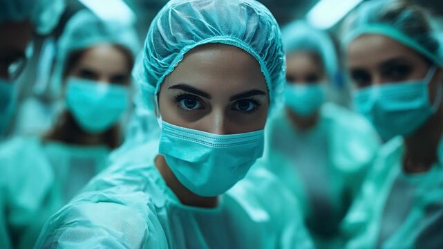 Focused surgical team in the Operating Room: In a sterile operating room, a determined surgeon peers directly at the viewer.