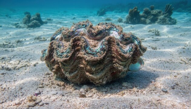 Giant Tridacna Gigas Clam Shell Resting on Sandy Ocean Floor