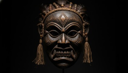 Intricately Carved Wooden Tribal Ceremonial Mask With Fierce Expression
