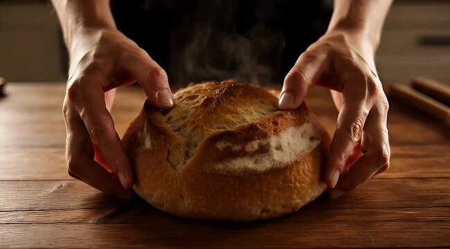 Artisan Sourdough Bread Freshly Baked with Golden Crust, Hands Touch it