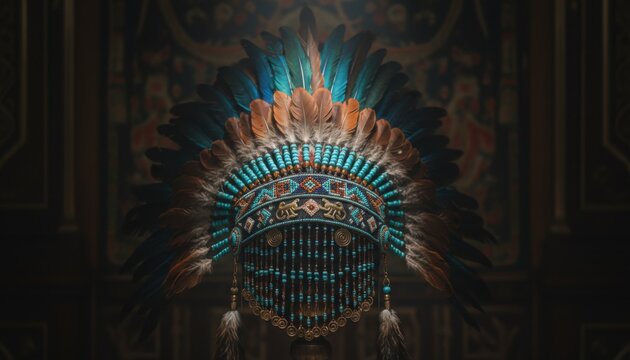 Intricately Decorated Ceremonial Native American Headdress Adorned with Feathers and Beads