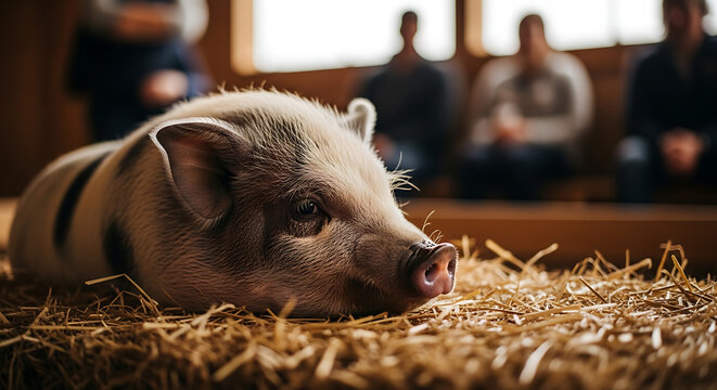 Close-up of a cute piglet resting comfortably on a bed of straw in a rustic barn, with people blurred in the background