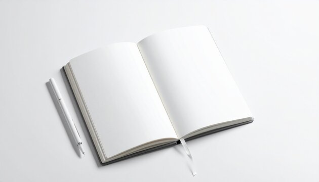 Open notebook with blank pages and pen placed diagonally, planning or writing concept, realistic photography, clean composition, studio lighting, isolated on pure white background