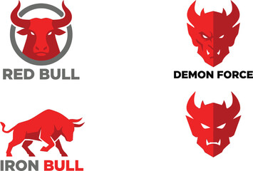 Aggressive bull and demon mascot logo collection featuring strong red animal head emblems, powerful beast symbols and modern esport style branding icons for teams © pappa