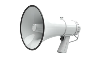 A digital, isolated, close-up of a white, handheld megaphone on a black background