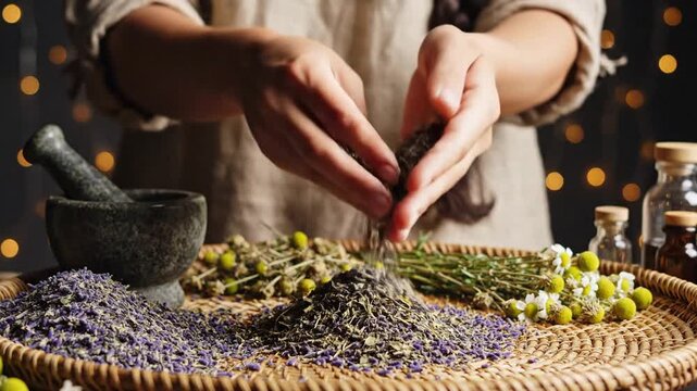 Herbalist preparing dried herbs for natural remedies and aromatherapy.