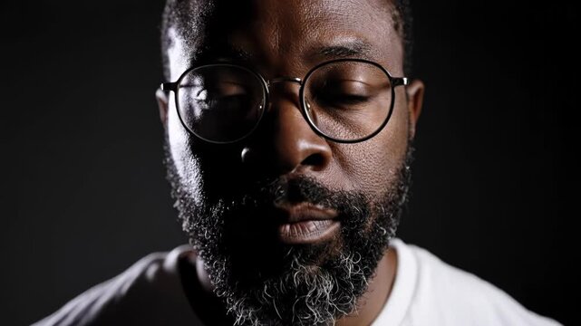 Portrait of a man with beard and glasses wearing a white tshirt against a dark background