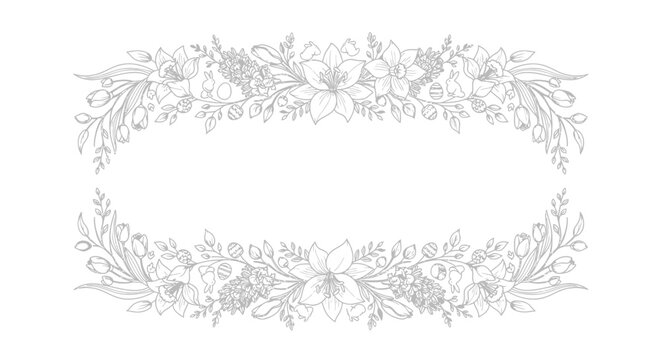 Beautiful black and white outline illustration of an elegant spring floral border featuring easter elements for design