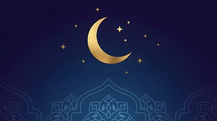 Elegant minimalist Islamic background featuring a golden crescent moon and subtle stars against a deep blue night sky.
