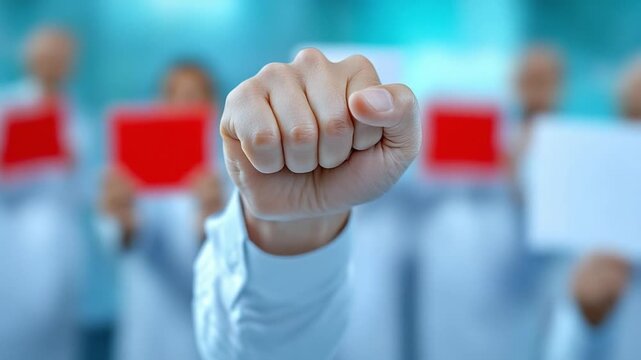 Strong Hands: A bold, close-up captures a clenched fist held high, symbolizing strength and solidarity, with colleagues in the blurred background.
