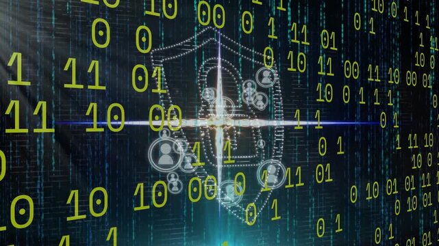 Animation of binary coding and profile icons over security padlock icon against blue background