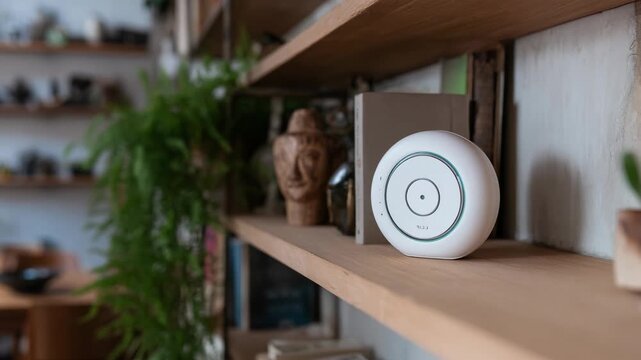 Electronic pest repeller in action on a wooden shelf highlighting its LED indicator light and ecofriendly technology to maintain a pestfree home environment.