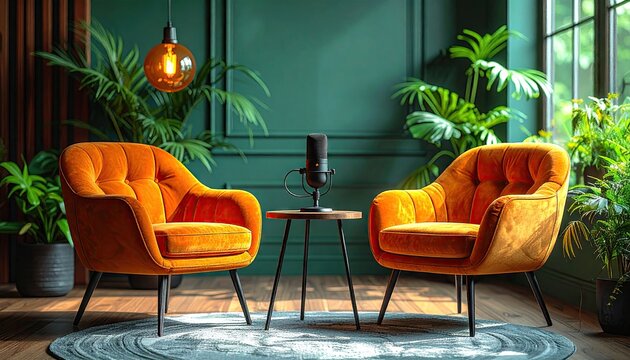 Two luxurious orange velvet armchairs in a lush green room with plants and a microphone.