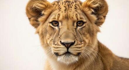 Obraz premium Close-up portrait of a young lion looking directly at the camera with a curious and intense gaze, showcasing its beautiful fur and expressive eyes.