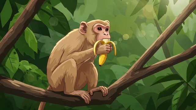 Cartoon-style monkey on branch peels banana in jungle, sun-dappled background