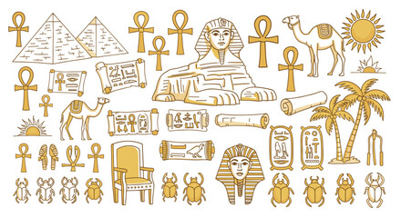 Obraz premium Golden Egyptian Hieroglyphs Symbols Pyramids Sphinx Camel Scarab Pharaoh and Palm Trees Ancient Civilization Icons