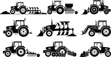 Agricultural tractor with farming equipment silhouettes set including plow, seeder, loader and cultivator machines for modern agriculture operations © Nayan
