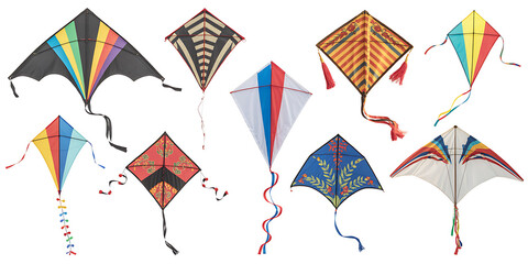 Obraz premium Collection of colorful diamond and delta shaped kites with tails displayed on a clean white background